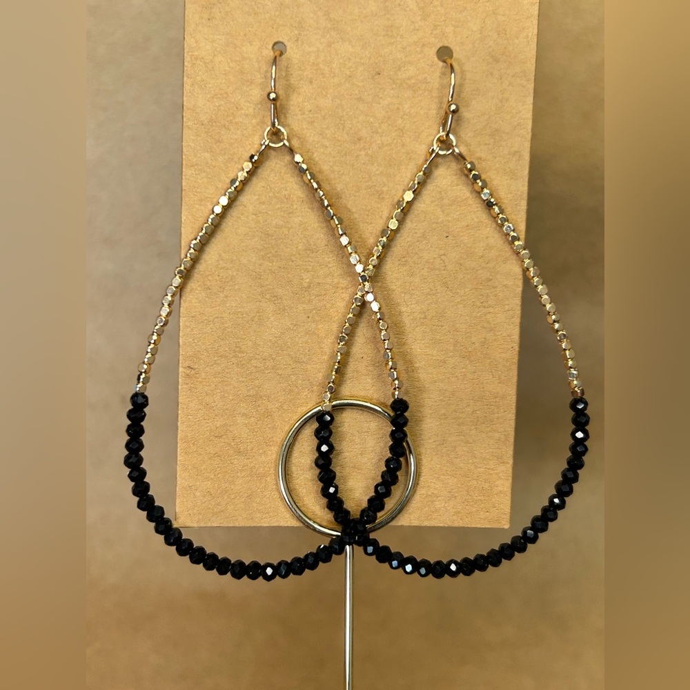 Black Crystal & Gold Bead Water-Drop Dangle Earrings